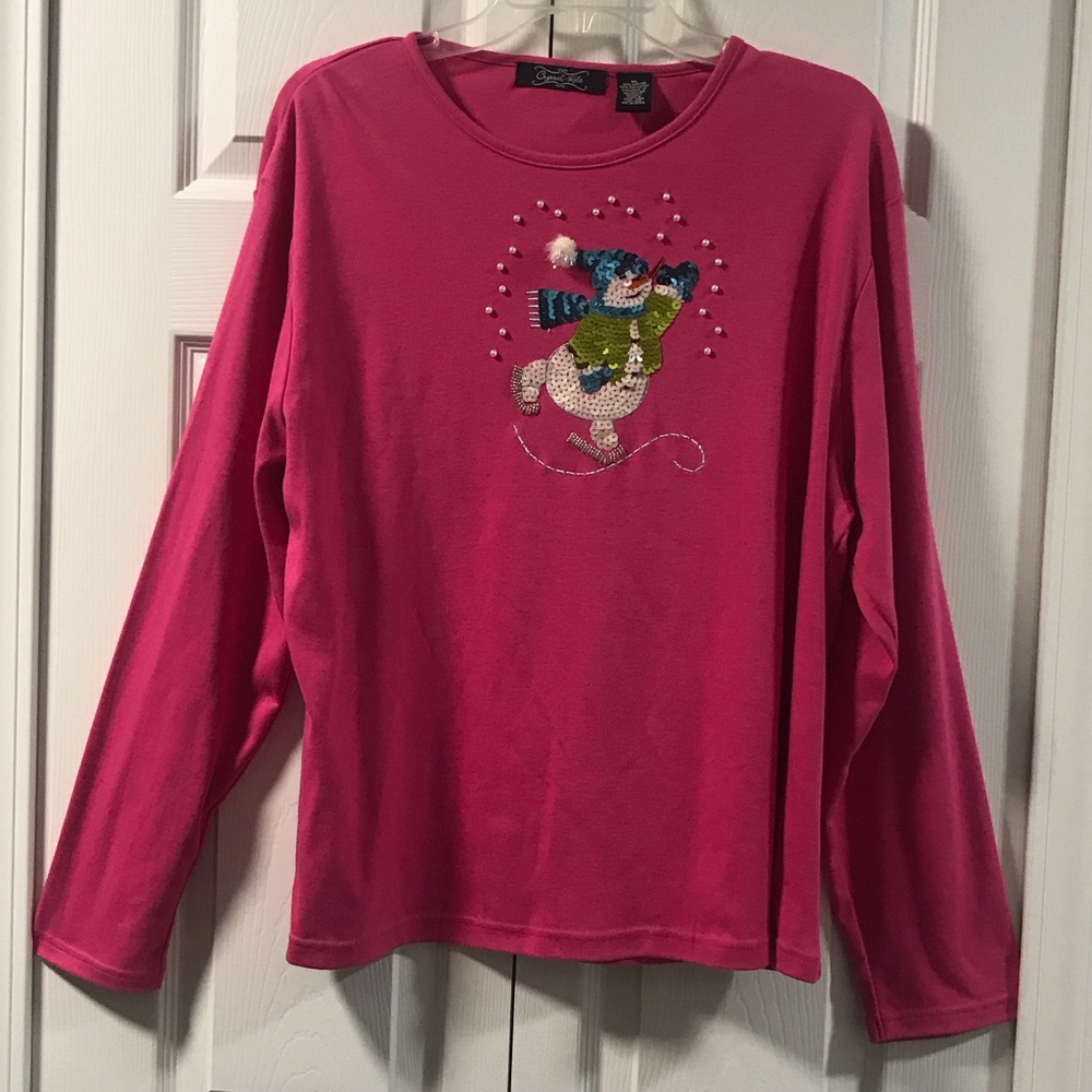 Charming Crystal-Kobe Pink Long Sleeve Top with Sequin Snowman Design